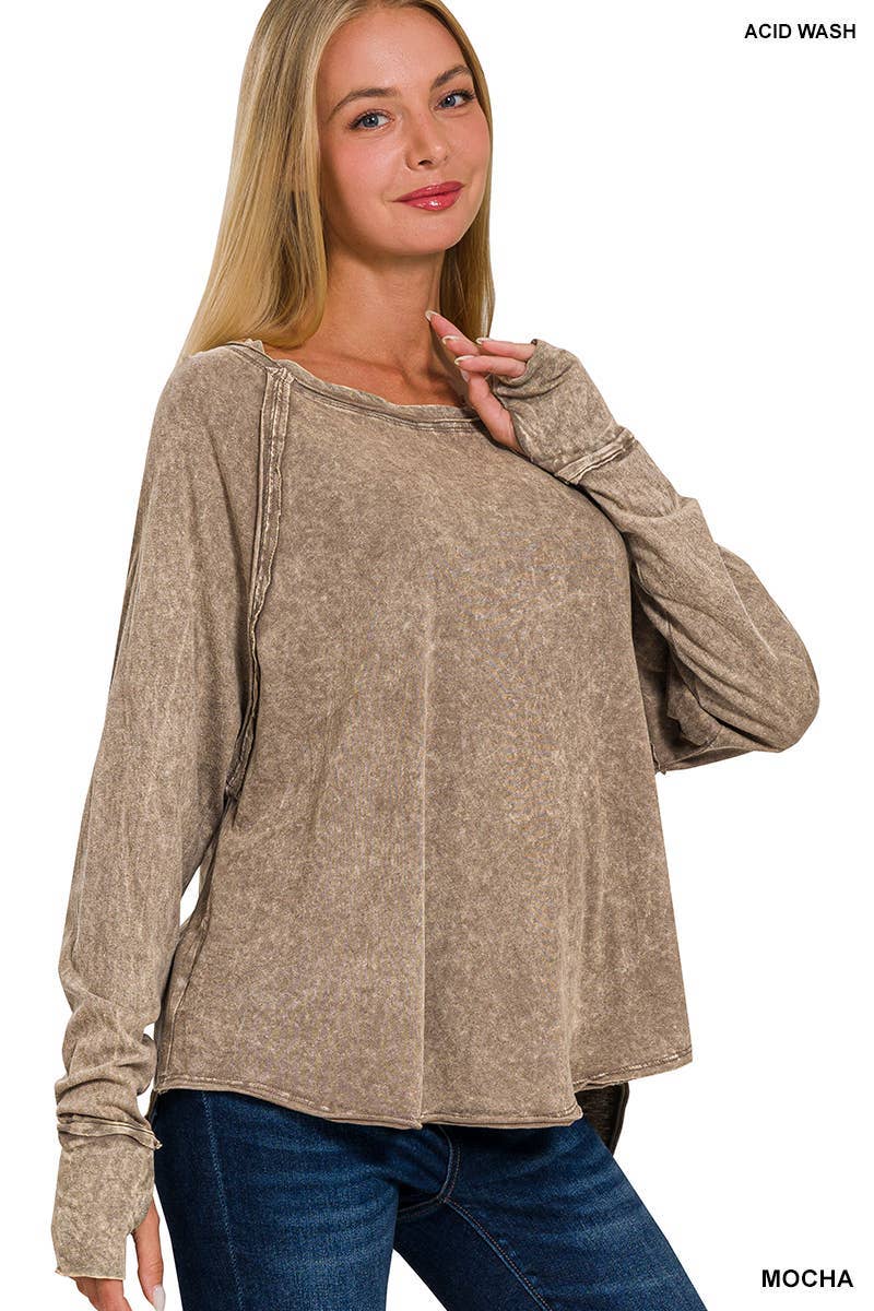Washed Thumb Hole Cuffs Scoop-neck Long Sleeve Top