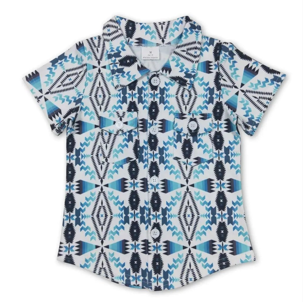 Blue/ White Aztec Western Button Up