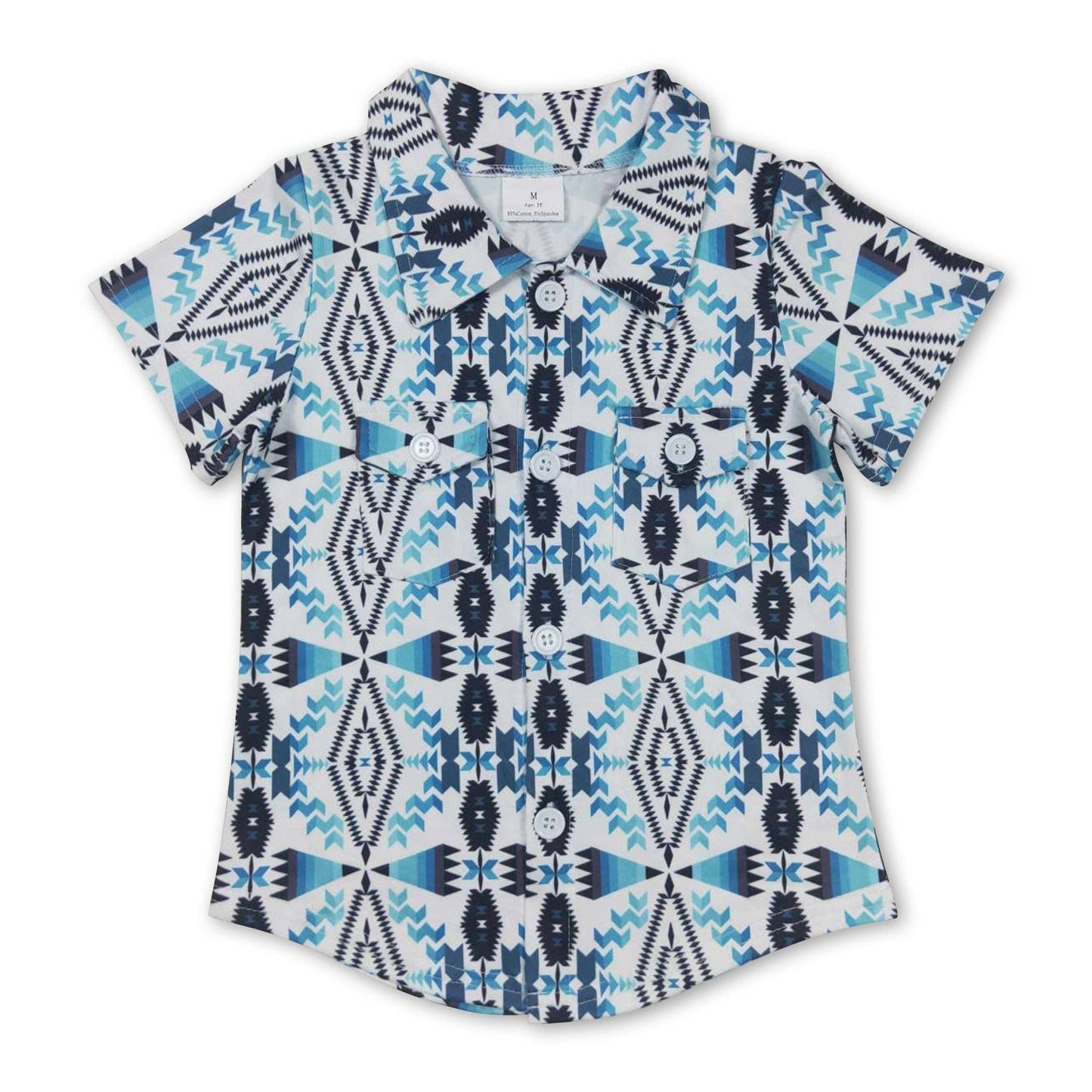 Turquoise white aztec boy western button up shirt