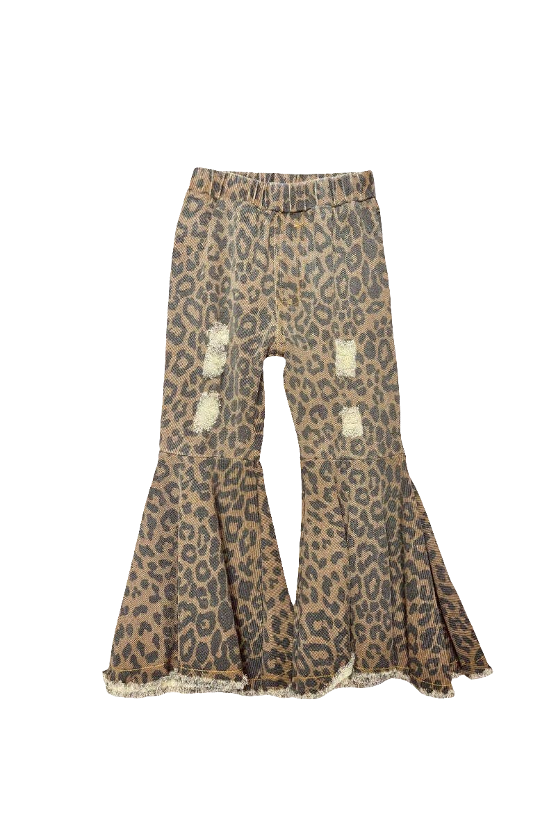 Brown leopard print distressed denim bell bottoms girls jean