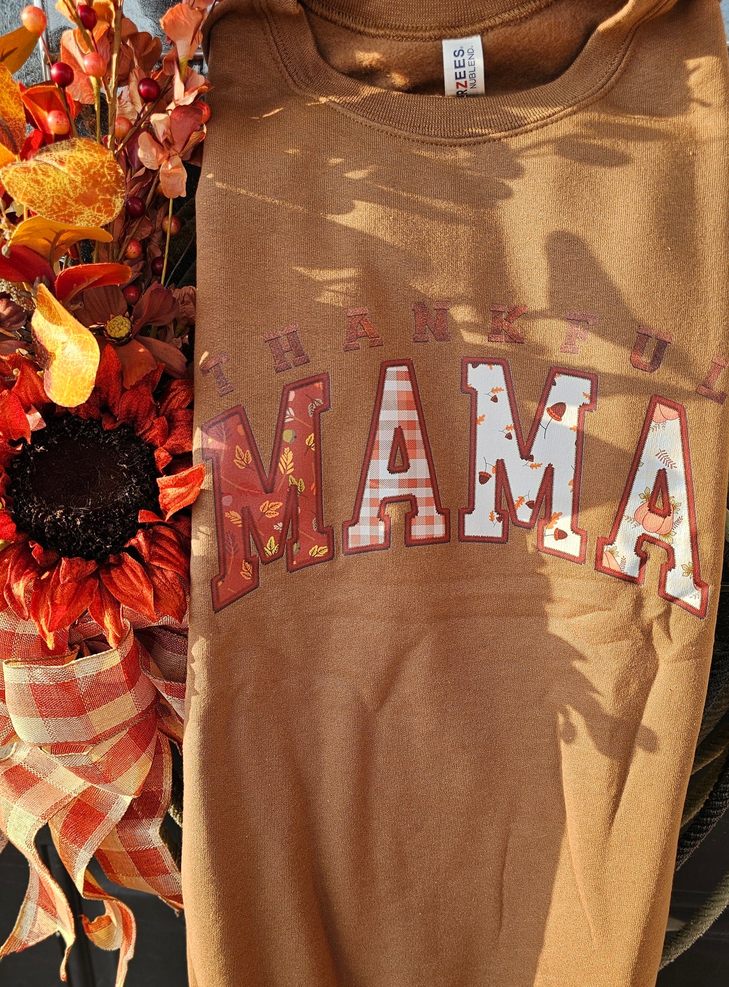 Thankful Mama Faux Embroidery Fall Crewneck Sweatshirt