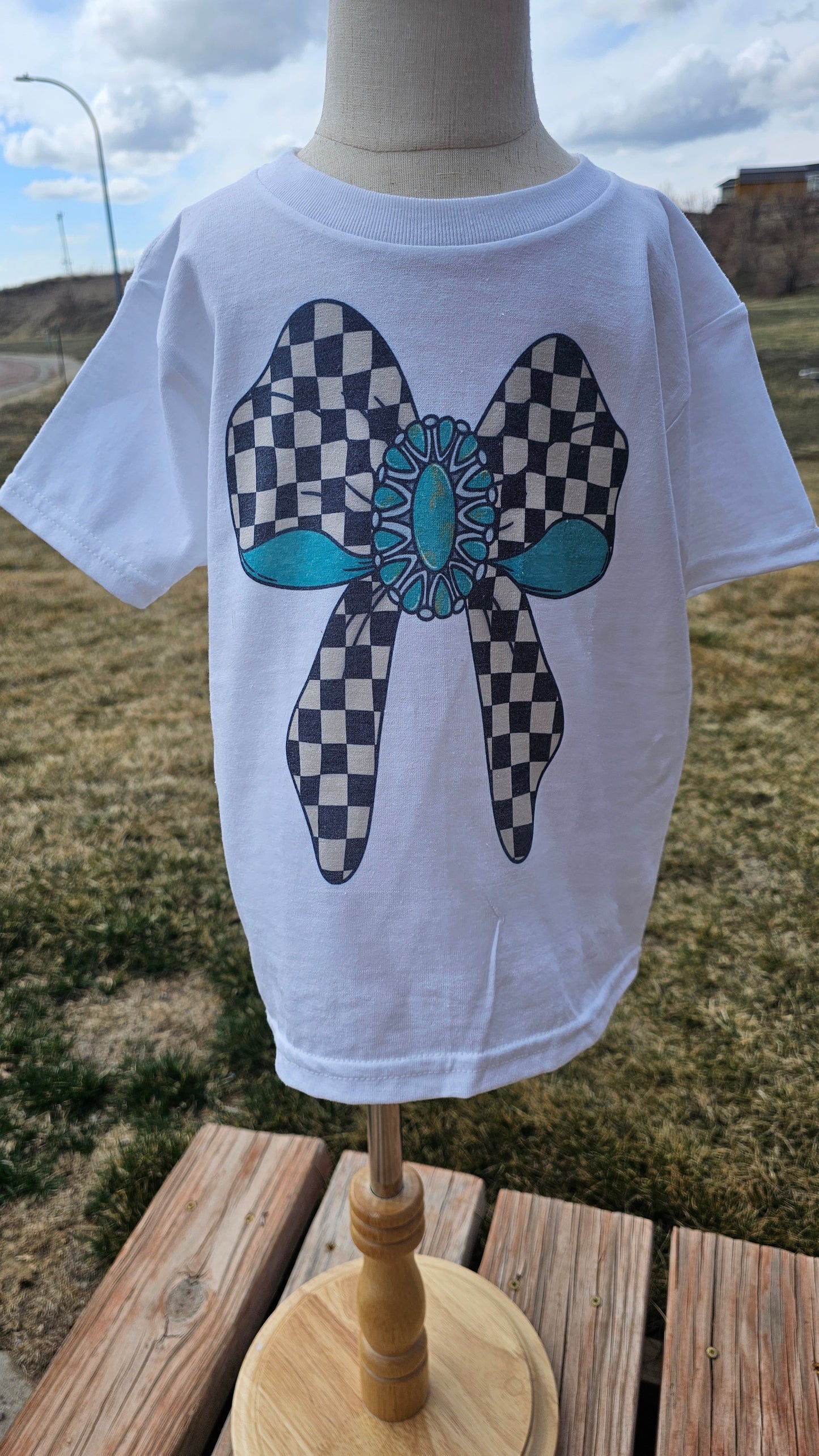 Girls checkered bow tee(sale)