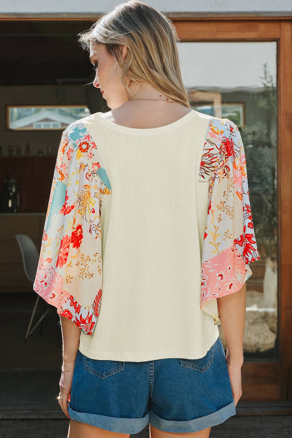 Floral Patchwork Half Batwing Sleeve Blouse