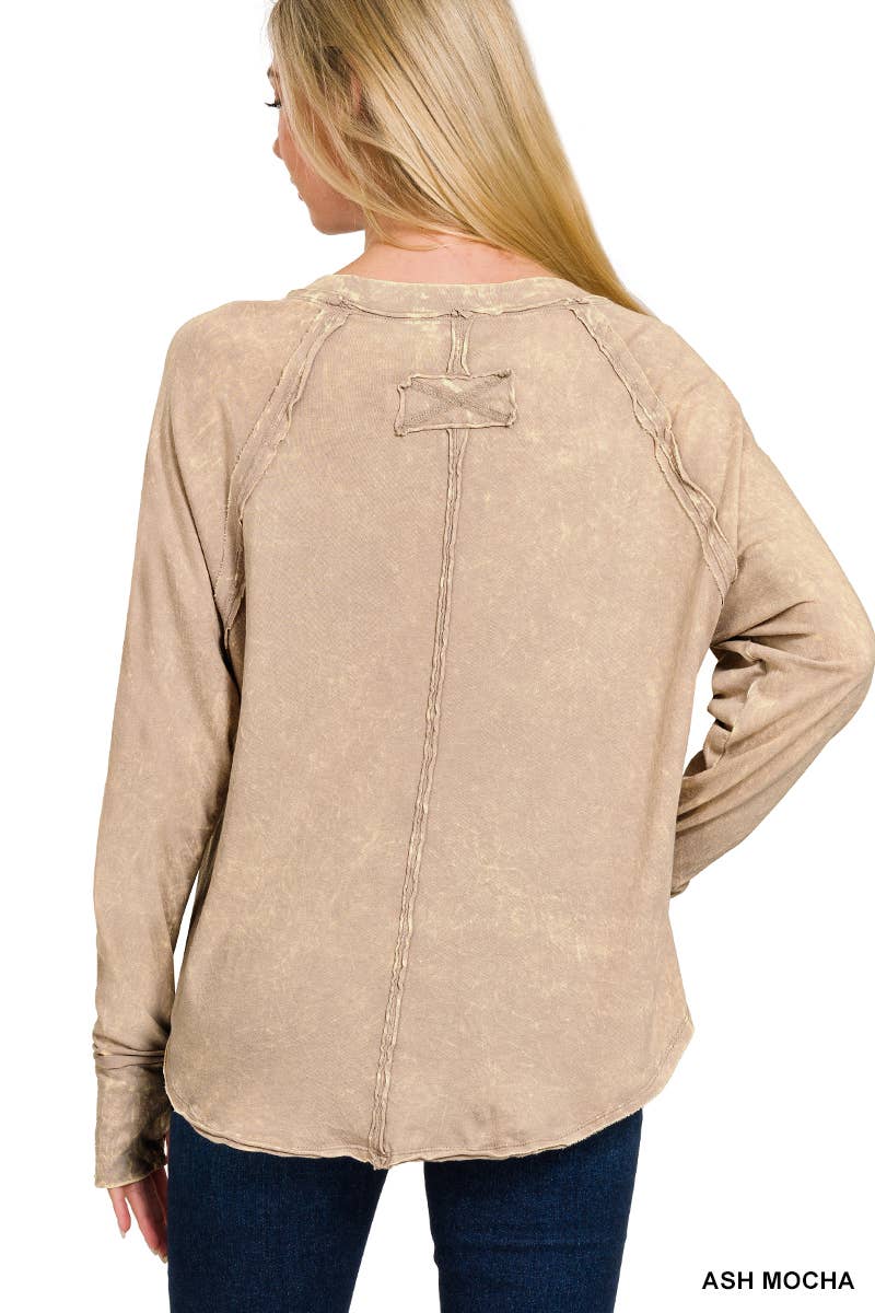 Washed Thumb Hole Cuffs Scoop-neck Long Sleeve Top