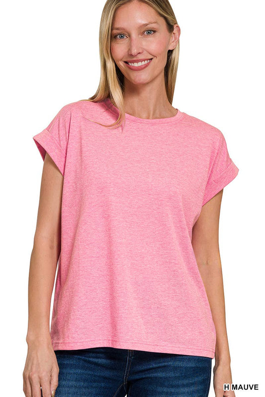 Zenana Round Neck Folded Short Sleeve T-shirt