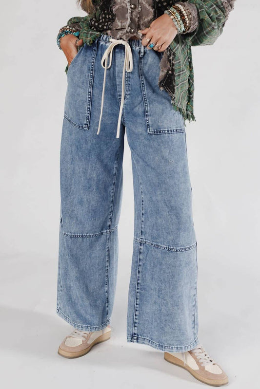 Acid Wash Exposed Seam Drawstring Elastic Waistband Jeans
