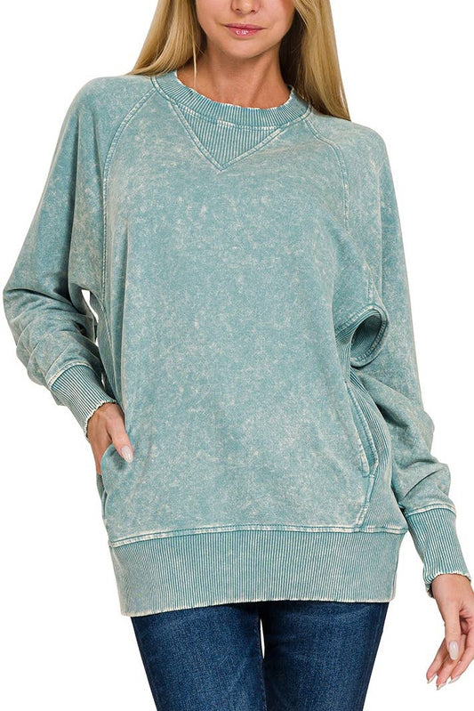 Zenana Acid Washed French Terry Pullover With Pockets