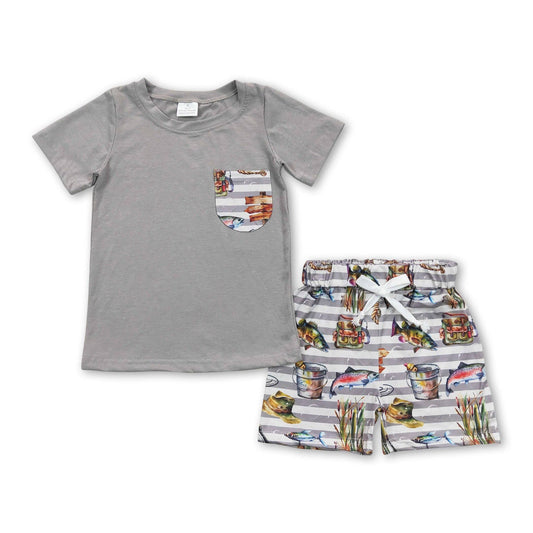 Grey fishing pocket top and short/Baby Romper