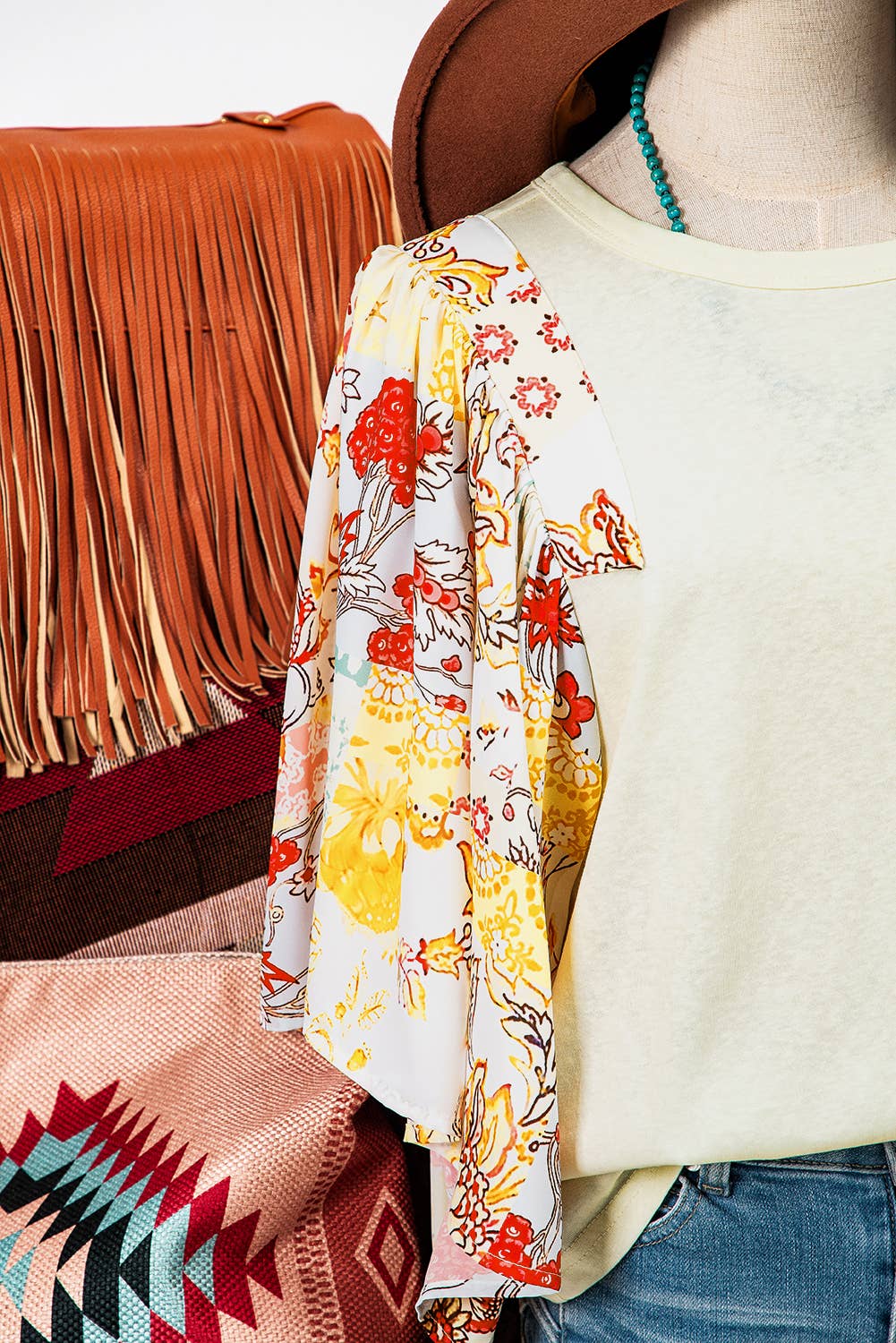 Floral Patchwork Half Batwing Sleeve Blouse