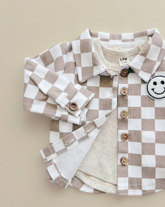 Smiley Checkered Latte Shacket