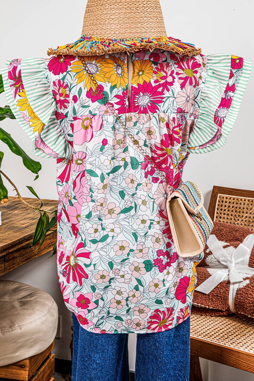 Floral Print Ruffle Cap Sleeve Blouse