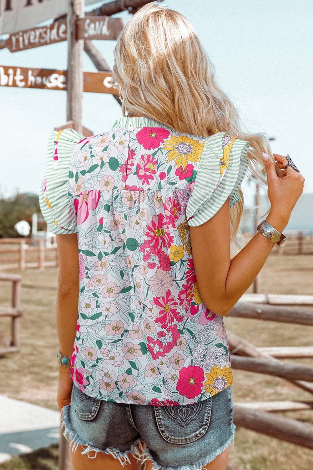 Floral Print Ruffle Cap Sleeve Blouse