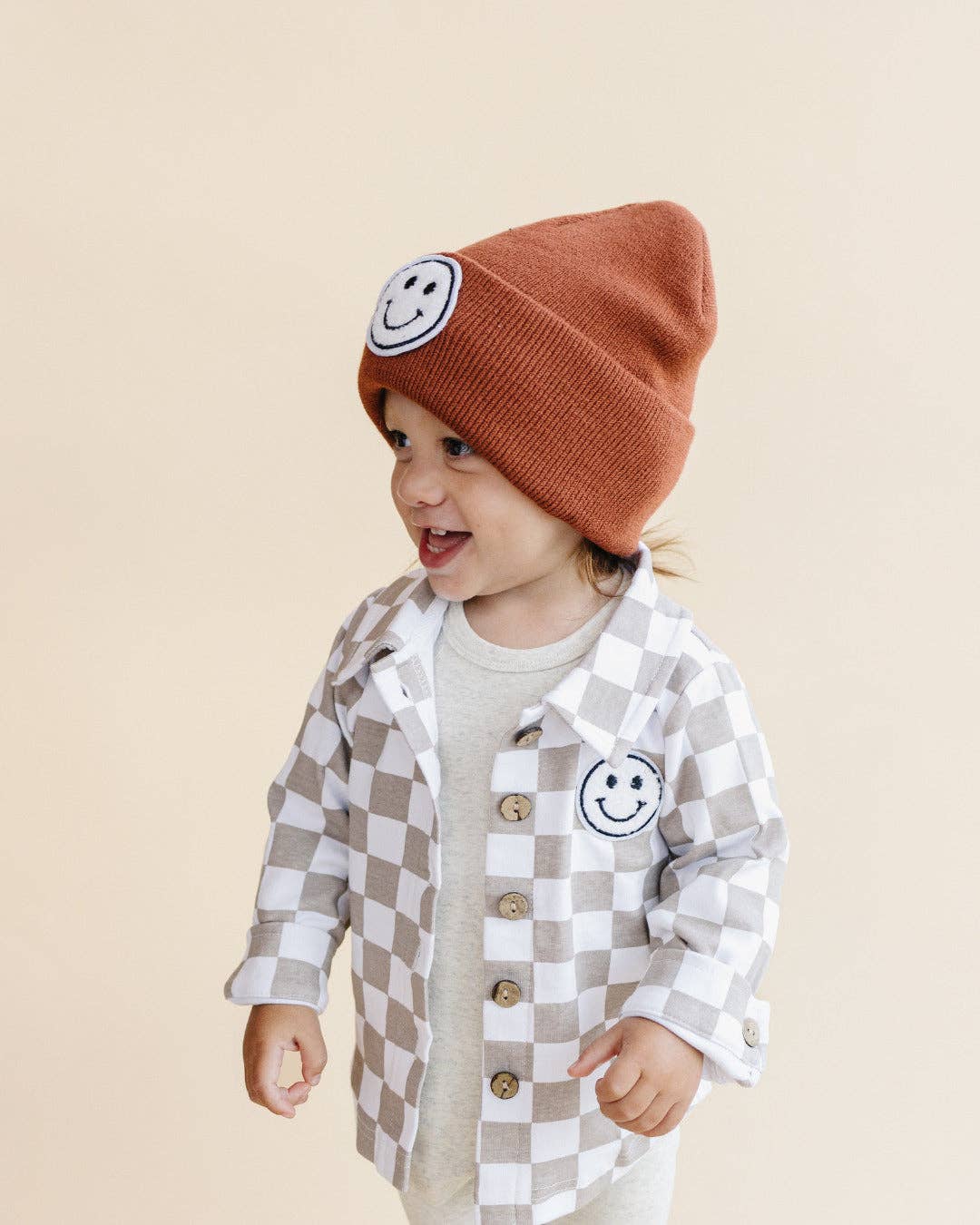 Smiley Checkered Latte Shacket