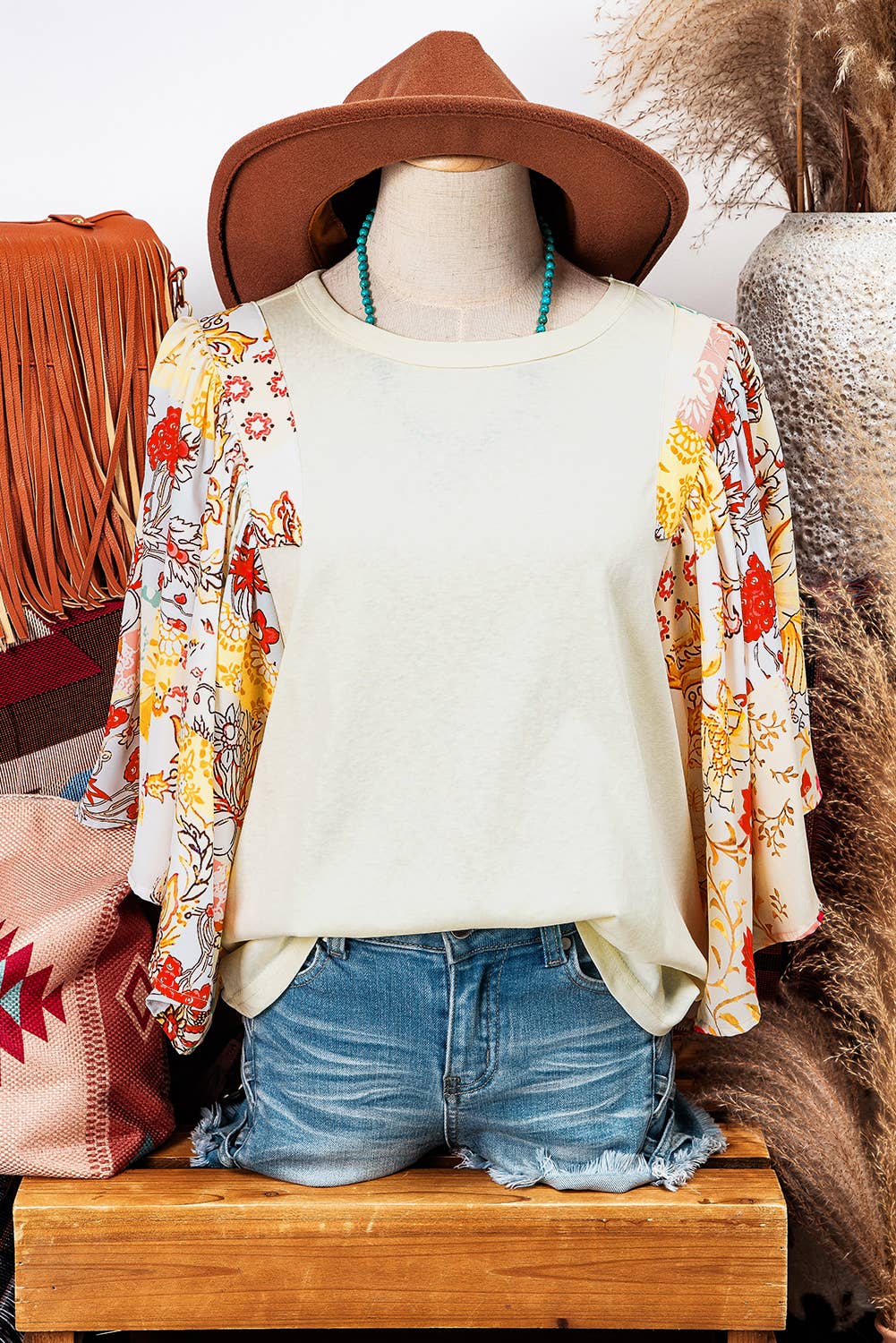 Floral Patchwork Half Batwing Sleeve Blouse