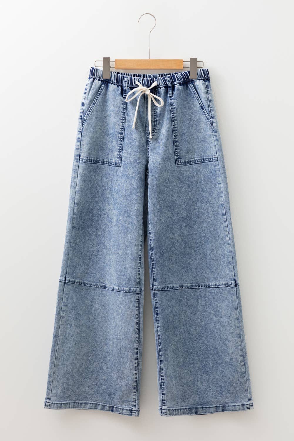 Acid Wash Exposed Seam Drawstring Elastic Waistband Jeans
