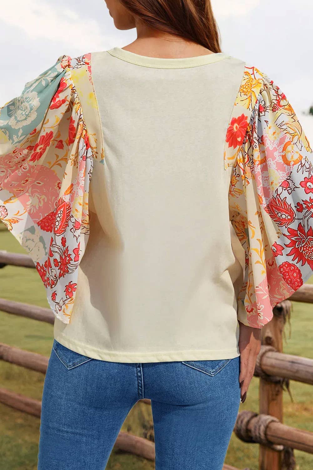 Floral Patchwork Half Batwing Sleeve Blouse