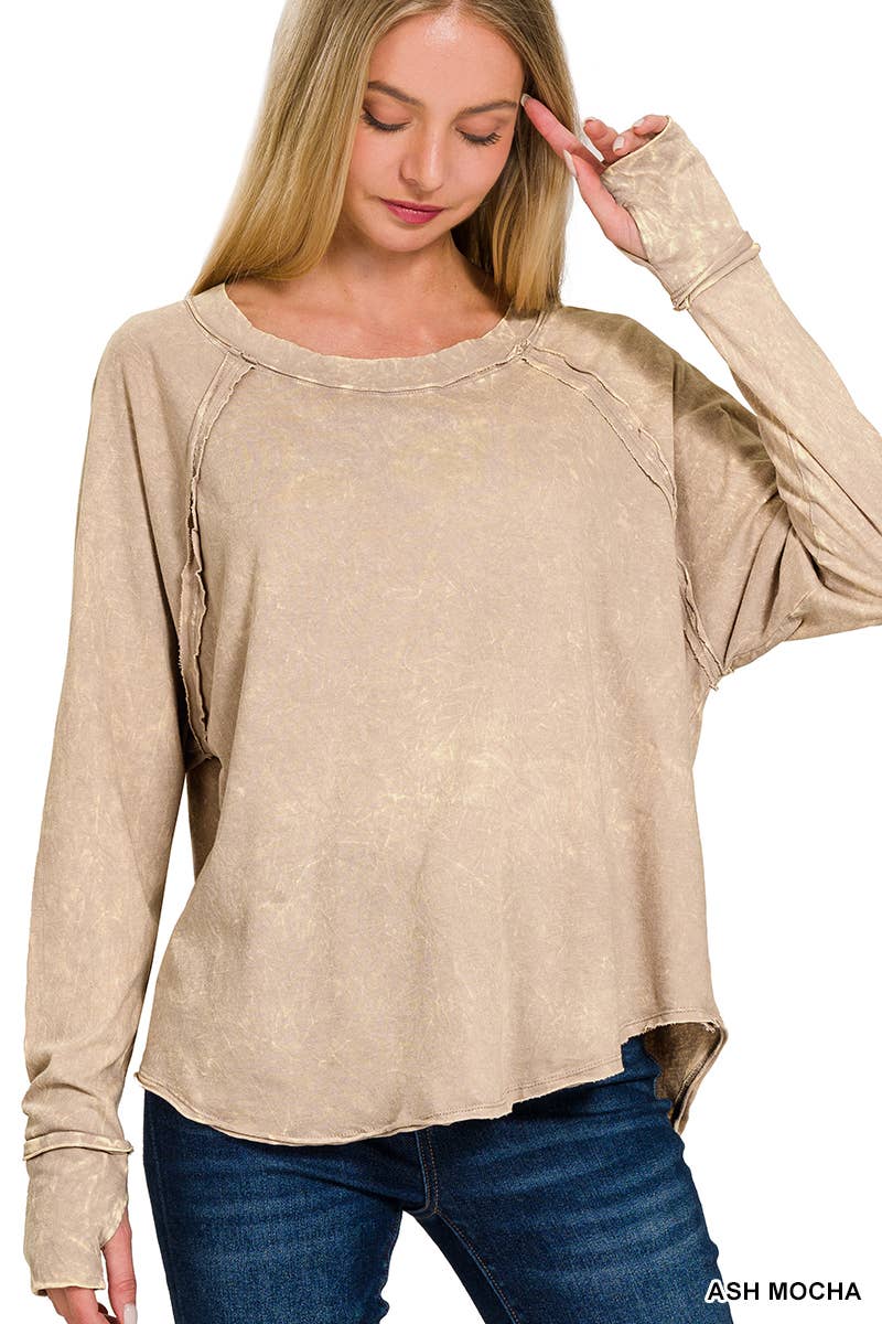 Washed Thumb Hole Cuffs Scoop-neck Long Sleeve Top