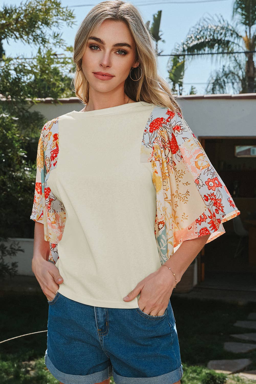 Floral Patchwork Half Batwing Sleeve Blouse