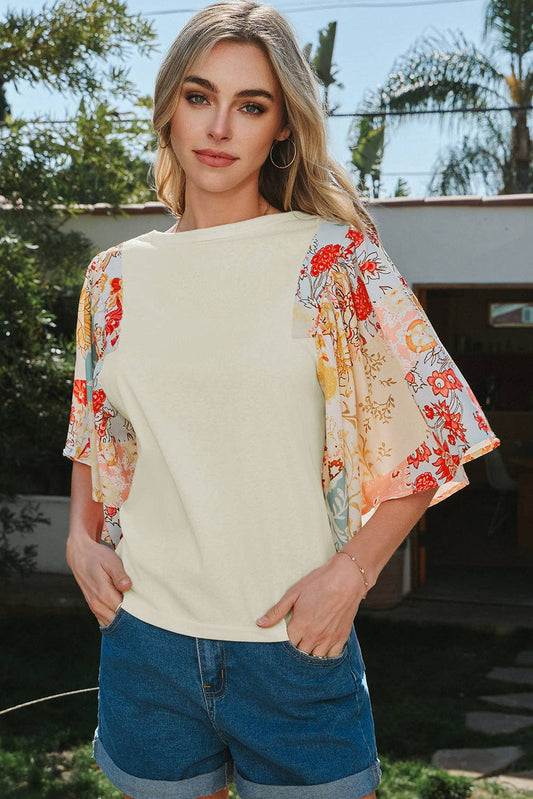 Floral Patchwork Half Batwing Sleeve Blouse