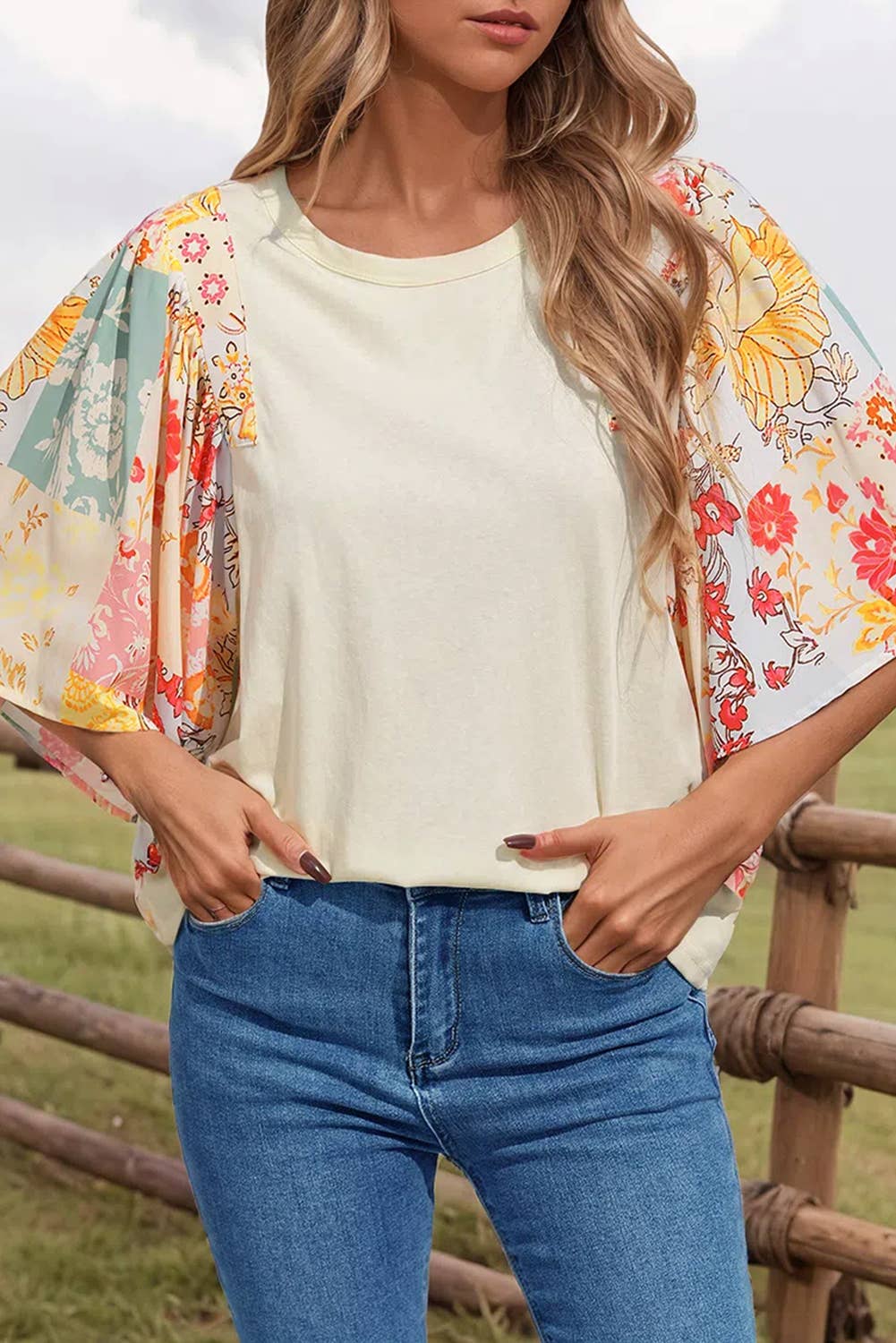 Floral Patchwork Half Batwing Sleeve Blouse