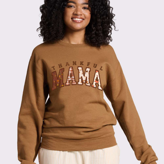 Thankful Mama Faux Embroidery Fall Crewneck Sweatshirt
