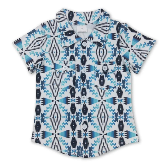 Blue/ White Aztec Western Button Up
