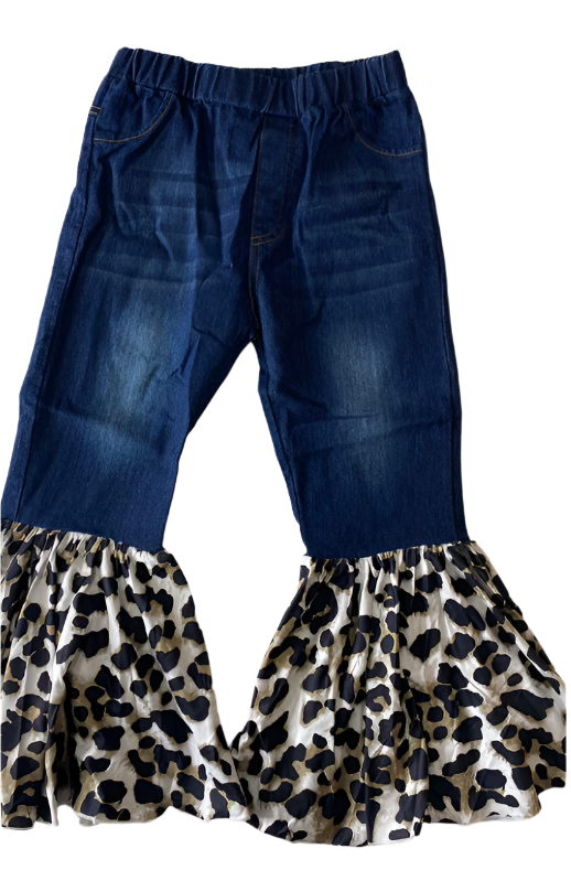 Dark Blue Denim W/Leopard Flare Bell Bottoms