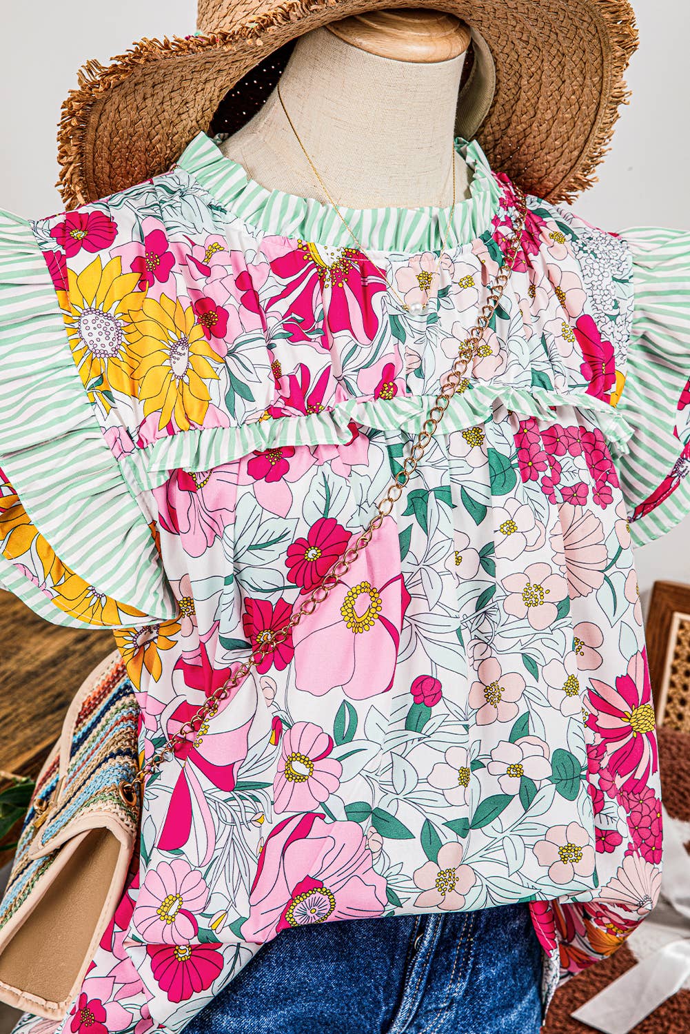 Floral Print Ruffle Cap Sleeve Blouse