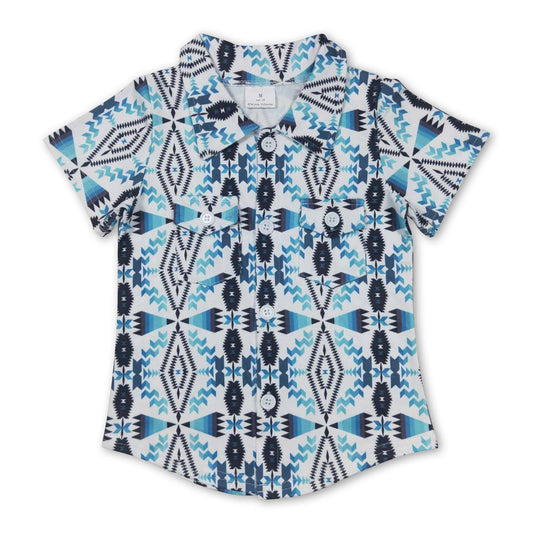 Turquoise white aztec boy western button up shirt