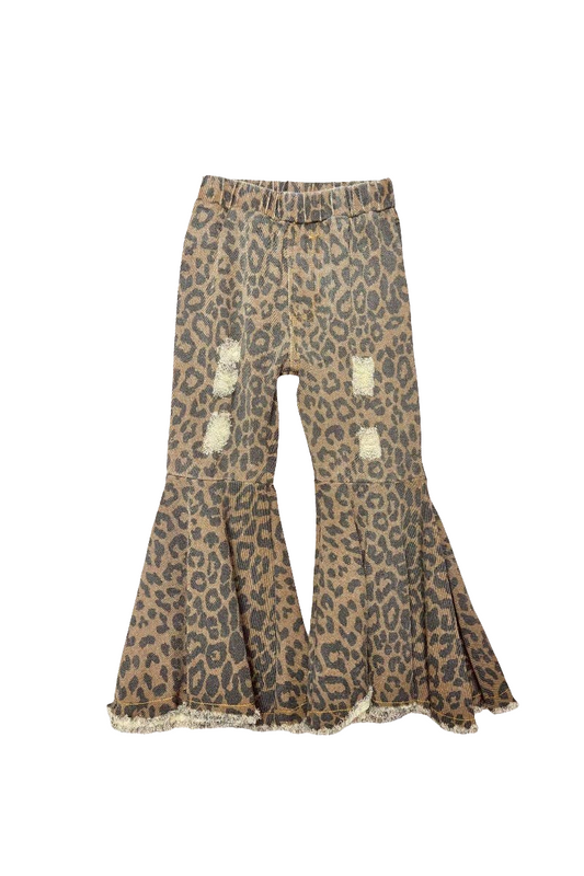 Brown leopard print distressed denim bell bottoms girls jean