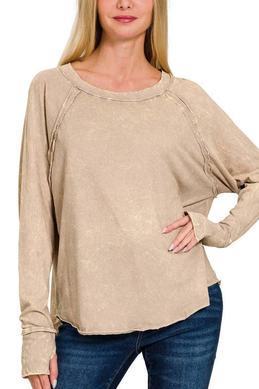 Washed Thumb Hole Cuffs Scoop-neck Long Sleeve Top