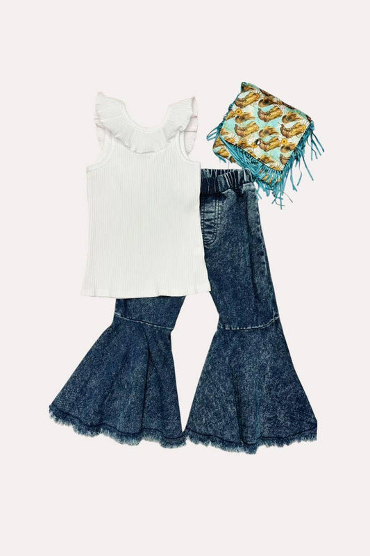 Blue distressed denim flare