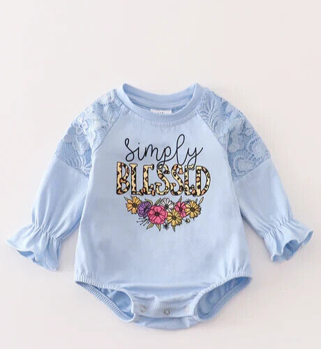 Honeydew Baby Blue "Simply Blessed" Lace trimmed  Romper